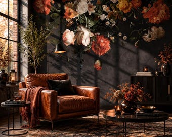 Papel pintado floral oscuro autoadhesivo para salón, mural floral grande de la Edad de Oro holandesa para dormitorio, papel pintado barroco negro intenso removible