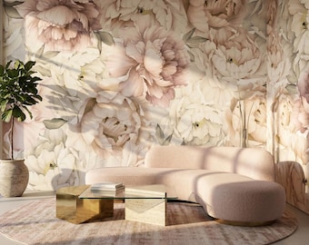 Blush Pink Peony Wallpaper for Living Room, Soft Watercolor Floral Mural, Neutral Cream Botanical Decor, Peel and Stick Bedroom Wallpaper