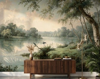 Papel pintado de estilo chinoiserie vintage con paisaje fluvial, mural de pared con escena de garza y lago, arte clásico de la naturaleza, mural autoadhesivo.