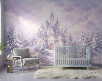 Pastel Purple Winter Castle Wallpaper for Kids Room, Snowy Fairytale Nursery Mural, Magic Pine Tree Star Decor, Peel and Stick Wallpaper
