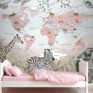 Papier peint carte du monde animaux de safari et carte du monde pour chambre de bébé, garçons et filles