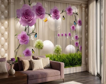 Purple Rose Pillar Wallpaper for Living Room Kitchen Bedroom Kids Room Bathroom, 3D Floral Luxury Wall Mural, Elegant Botanical Peel Stick