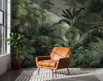 Mural de pared Bosque Tropical Brumoso, Papel pintado de jungla verde oscuro, Decoración botánica vintage de la naturaleza, Papel pintado autoadhesivo removible