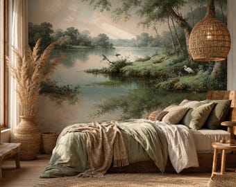 Vintage Lake Landscape Wallpaper for Living Room, Classical Heron Bird Mural, Muted Green Nature Decor, Peel and Stick Bedroom Wallpaper