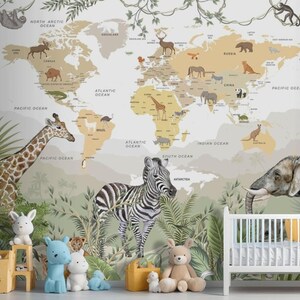 Papier peint botanique, animaux de safari, carte du monde, chambre de bébé, garçons, filles, chambre d'enfants
