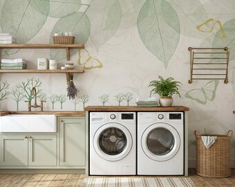 Laundry Room Wallpaper Botanical Leaf Mural, Butterfly Tree Wall Decor for Laundry Room, Green Beige Nature Peel and Stick Laundry Mural