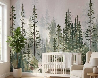 Misty Pine Forest Wallpaper for Living Room, Watercolor Foggy Woods Mural, Blush Pink Sky Nature Decor, Peel and Stick Bedroom Wallpaper