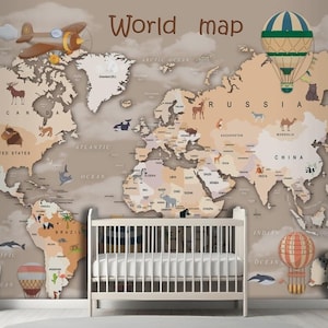 Papier peint animal et montgolfière, carte du monde pour chambre de bébé, garçons et filles, chambre de bébé