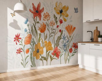 Orange Kitchen Wallpaper Peel and Stick, Watercolor Flower Mural with Butterflies, Rustic Cream Floral Wall Bohemian Blossom Removable Paper