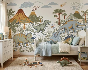 Dinosaur Wallpaper for Kids Room, T-Rex Triceratops Volcano Mural, Prehistoric Jungle Nursery Decor, Peel and Stick Boys Room Wallpaper