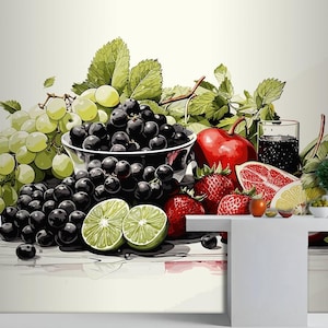 Bella frutta ad acquerello su sfondo bianco Carta da parati da cucina dipinta a mano Impermeabile