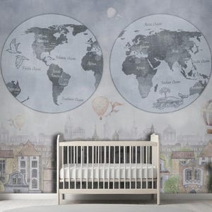 Aquarell Dorf Set und Retro Weltkarte Kinderzimmer Baby Kinder Jungen Mädchen Zimmer Tapete Wandbild