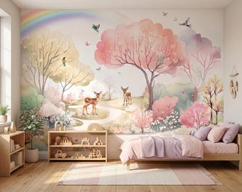 Rainbow Garden Wallpaper for Kids Room, Pastel Blossom Tree Mural with Deer Birds, Whimsical Girls Nursery Decor, Peel and Stick Mural