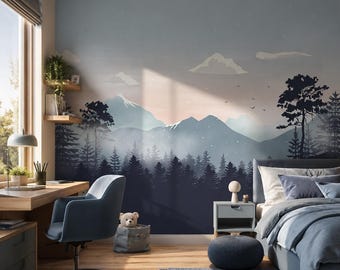 Blue Mountain Kids Room Wallpaper Peel and Stick, Winter Snowy Forest Wall Mural for Child and Baby, Scandinavian Nursery Decor