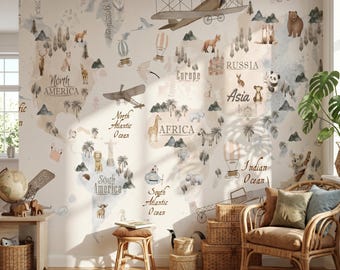 Watercolor World Map Wallpaper for Kids Room, Animal Explorer Nursery Mural, Kids Travel Adventure Wall Decor