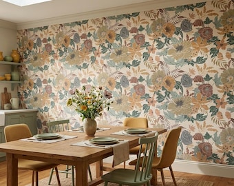 Retro Floral Wallpaper for Living Room, Vintage 70s Botanical Mural, Earthy Rust Sage Green Decor, Peel and Stick Bedroom Wallpaper