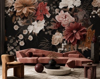 Dark Floral Wallpaper for Living Room, Moody Dahlia Peony Mural, Vintage Botanical Black Background Decor, Burgundy Blush Peel and Stick