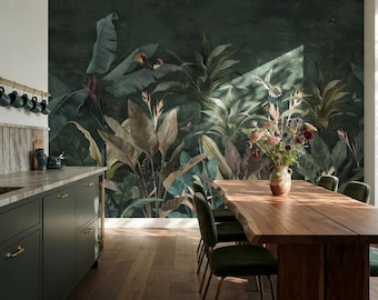 Dark Jungle Wallpaper for Living Room, Moody Tropical Botanical Mural, Hummingbird Butterfly Nature Decor, Peel and Stick Bedroom Mural