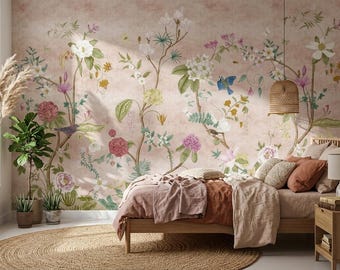 Pink Chinoiserie Wallpaper for Living Room, Vintage Bird Blossom Mural, Blush Botanical Bedroom Decor, Peel and Stick Wallpaper