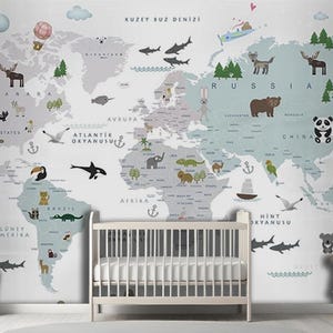 Papier peint mural pour chambre d'enfants, carte du monde, chambre d'enfants, garçons et filles, fond blanc