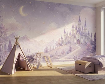Pastel Lilac Fairytale Castle Wallpaper for Kids Room, Winter Wonderland Nursery Mural, Magic Moon Star Decor, Peel and Stick Wallpaper