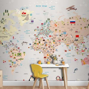 Papier peint mural continents colorés avec noms de pays pour chambre d'enfants, carte du monde pour chambre d'enfants, garçons et filles