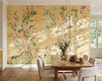 Gold Chinoiserie Crane Wallpaper for Living Room, Vintage Bird Floral Mural, Yellow Botanical Asian Decor, Peel and Stick Wallpaper
