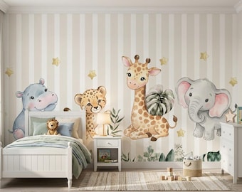 Baby Safari Animals Wallpaper for Nursery, Cute Hippo Cheetah Giraffe Elephant Mural, Beige Striped Kids Room Peel and Stick Wallpaper