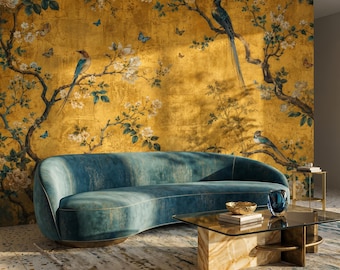 Gold Botanical Bird Wallpaper for Living Room Kitchen Bedroom Kids Room Bathroom, Chinoiserie Floral Wall Mural, Luxury Peel Stick Paper