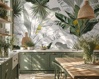 Papel pintado verde autoadhesivo para cocina, mural de pared de hojas de plátano tropicales, papel pintado minimalista con diseño de boceto botánico, removible.