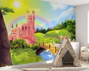Vibrant Green Fairytale Castle Wallpaper for Kids Room, Sunny Yellow Rainbow Nursery Mural, Dalmatian Dog Pink Princess Wall Art, Peel Stick