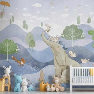 Carta da parati murale invernale per bambini, elefante, coniglio, volpe, acquerello, per cameretta dei bambini