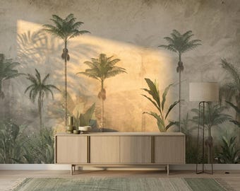 Vintage Palm Tree Wallpaper for Living Room, Antique Misty Tropical Mural, Sepia Beige Botanical Decor, Peel and Stick Bedroom Wallpaper