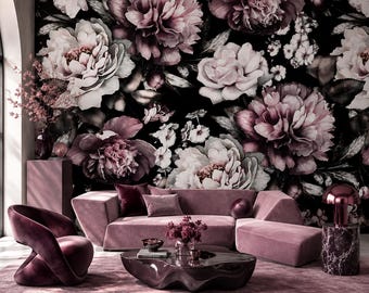 Dark Peony Living Room Wallpaper Peel and Stick, Vintage Purple Large Floral Mural for Bedroom, Moody Black Blossom Removable Paper