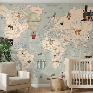 May include: A wall mural featuring a world map with a muted beige and green colour palette. The map is decorated with illustrations of various animals, hot air balloons, and a steam train. The continents and oceans are labelled in black text.