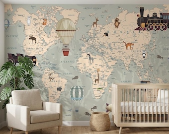 World Map Wallpaper for Kids Room, Detailed Country Names Vintage Vehicle Mural, Educational Boys Nursery Peel and Stick Wallpaper
