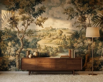 Vintage Tapestry Landscape Wallpaper for Living Room, Classical Castle River Valley Mural, Antique Renaissance Peel and Stick Wallpaper