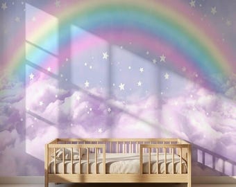 Papel pintado infantil Arcoíris Mágico y Nubes, Decoración de Pared Colorida para Guardería, Mural de Cielo Pastel para Sala de Juegos, Mural de Papel Pintado Autoadhesivo Rosa
