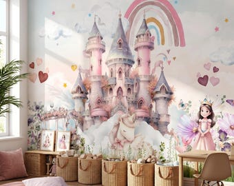 Pastel Pink Princess Castle Wallpaper for Kids Room, Watercolor Fairy Unicorn Nursery Mural, Magical Rainbow Peel Stick Canvas