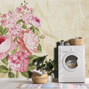 Papier peint en papier froissé avec couronne de fleurs sur le mur Papier peint mural pour salle de lavage
