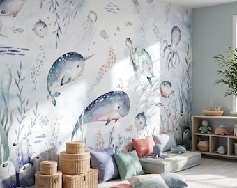 Watercolor Underwater Wallpaper for Kids Room, Cute Ocean Animals Nursery Mural, Sea Life Peel Stick