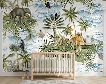 Tropical Safari Wallpaper for Kids Room, Vintage Jungle Animal Mural with Elephant Giraffe Toucan, Ocean Wave Nursery Peel and Stick