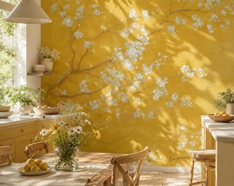 Papel pintado amarillo autoadhesivo para cocina, mural floral pintado al óleo, decoración de pared con flores color mostaza y dorado, papel pintado artístico removible con diseño floral.