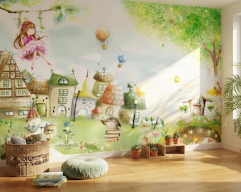 Vibrant Green Fairytale Village Wallpaper, Girl on Swing Nursery Mural, Whimsical Owl and Frog Wall Art, Peel and Stick Wallpaper