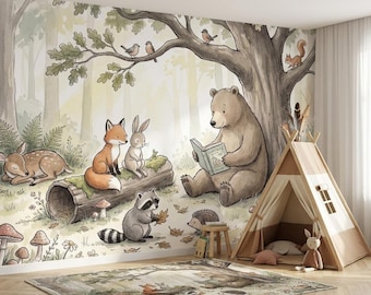 Storytime Bear Wallpaper for Kids Room, Woodland Animals Reading Mural, Watercolor Forest Nursery Decor, Peel and Stick Wall Mural