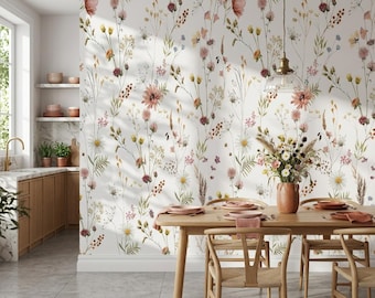 Wildflower Wallpaper for Living Room, Pressed Botanical Meadow Mural, White Background Dried Flower Decor, Peel and Stick Wallpaper