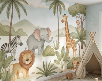 Cute Safari Nursery Wallpaper, Jungle Animals Kids Room Wall Mural, Watercolor Lion Elephant Giraffe Peel Stick, Playroom Removable Paper