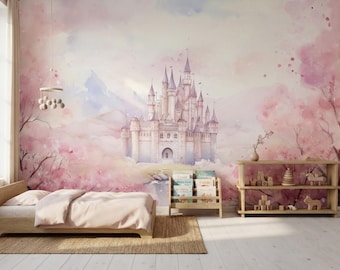 Watercolor Pink Fairytale Castle Wallpaper for Kids Room, Soft Cherry Blossom Nursery Mural, Dreamy Princess Decor, Peel and Stick Wallpaper