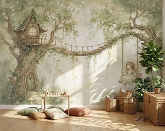 Sage Green Fairy Treehouse Wallpaper for Kids Room, Enchanted Forest Nursery Mural, Girl on Swing Wall Art, Magical Woods, Peel and Stick