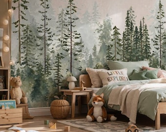 Papel pintado de acuarela con pinos en el bosque para habitación infantil, naturaleza del bosque, mural de montaña brumosa para habitación infantil, mural de papel pintado autoadhesivo verde
